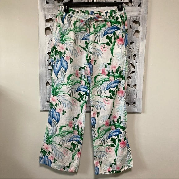 NWOT Tommy Bahama White Linen Wide Leg Colorful Tropical Floral Pants - Picture 1 of 7